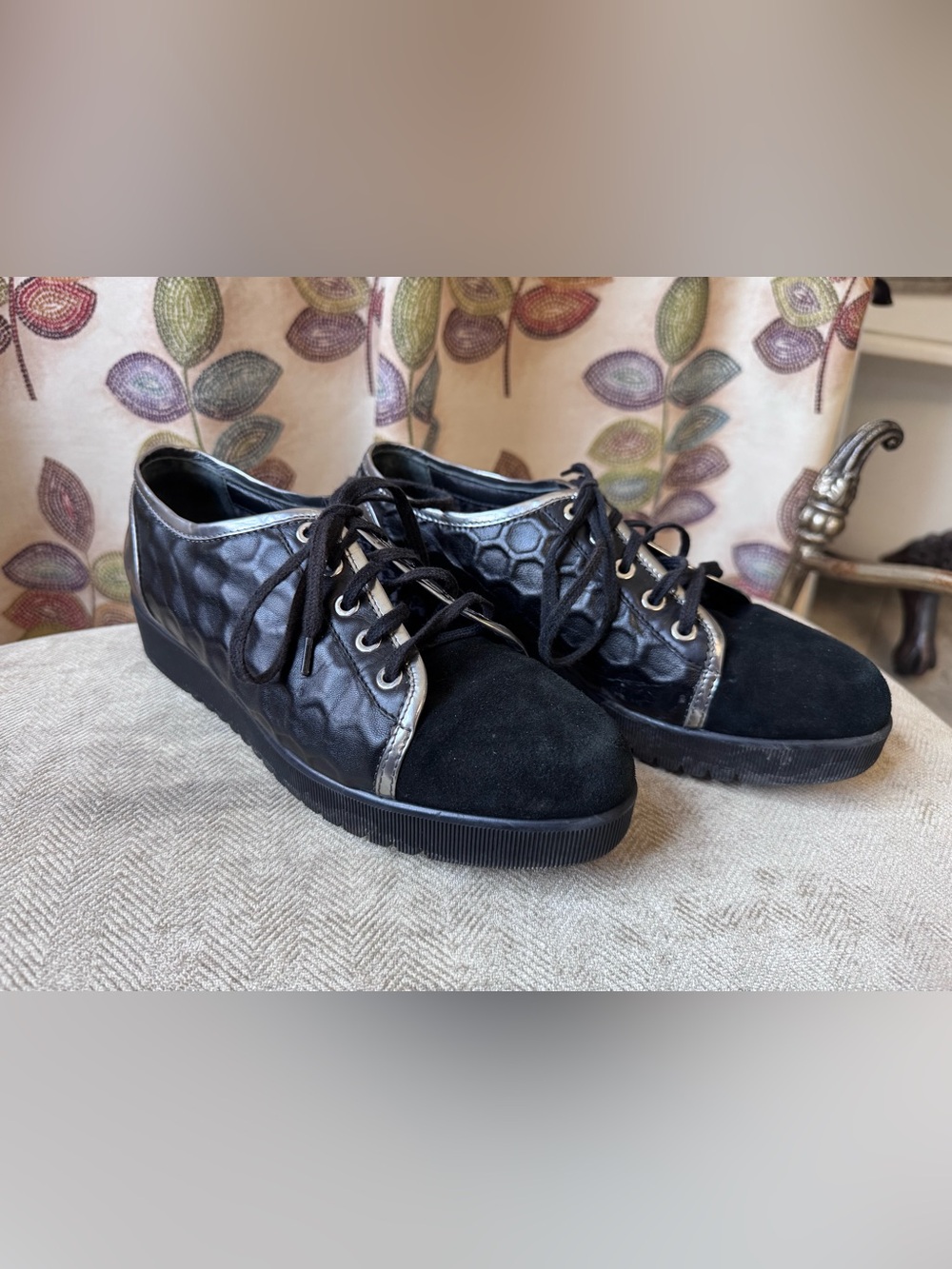 Aquatalia Black Textured Lace-Up Sneakers with Metallic Trim